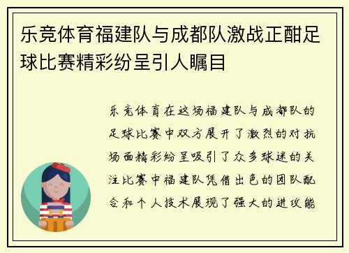 乐竞体育福建队与成都队激战正酣足球比赛精彩纷呈引人瞩目